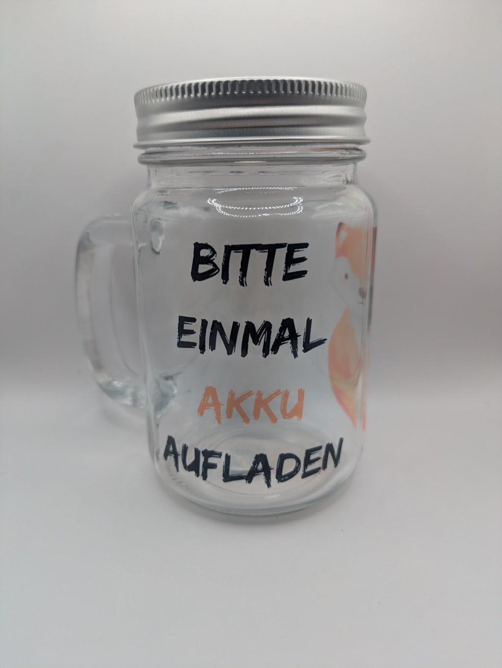 Trinkglas mit Deckel & Strohhalm – „Bitte einmal Akku aufladen“ Glasbecher mit Fuchs Motiv
