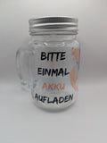 Trinkglas mit Deckel & Strohhalm – „Bitte einmal Akku aufladen“ Glasbecher mit Fuchs Motiv