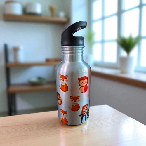 Aluminium-Trinkflasche mit Halm – Waldtier-Design 350 ml