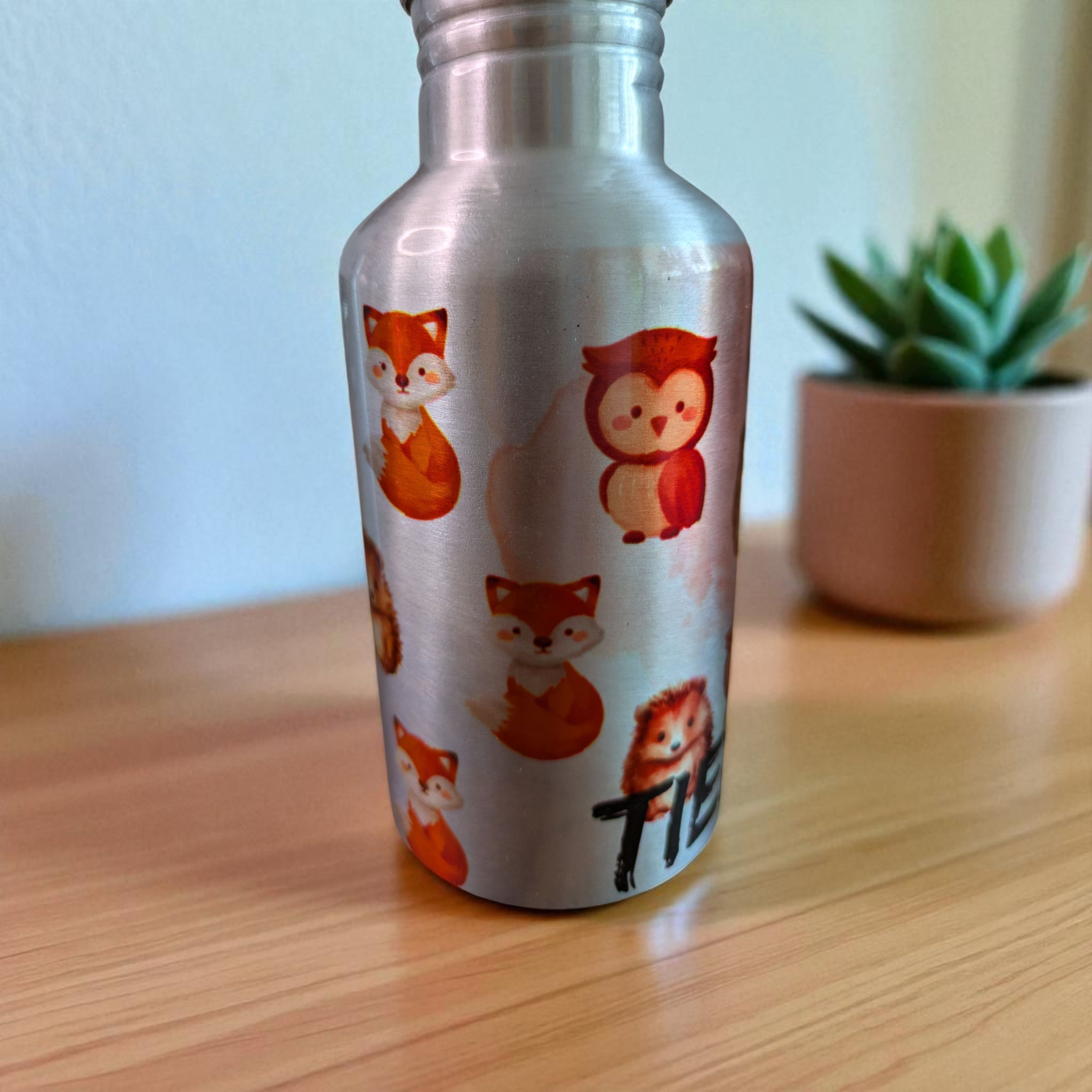 Aluminium-Trinkflasche mit Halm – Waldtier-Design 350 ml