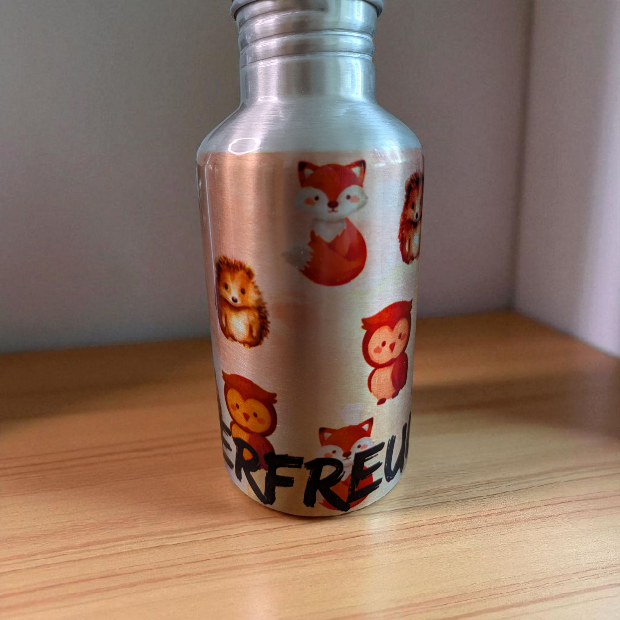 Aluminium-Trinkflasche mit Halm – Waldtier-Design 350 ml