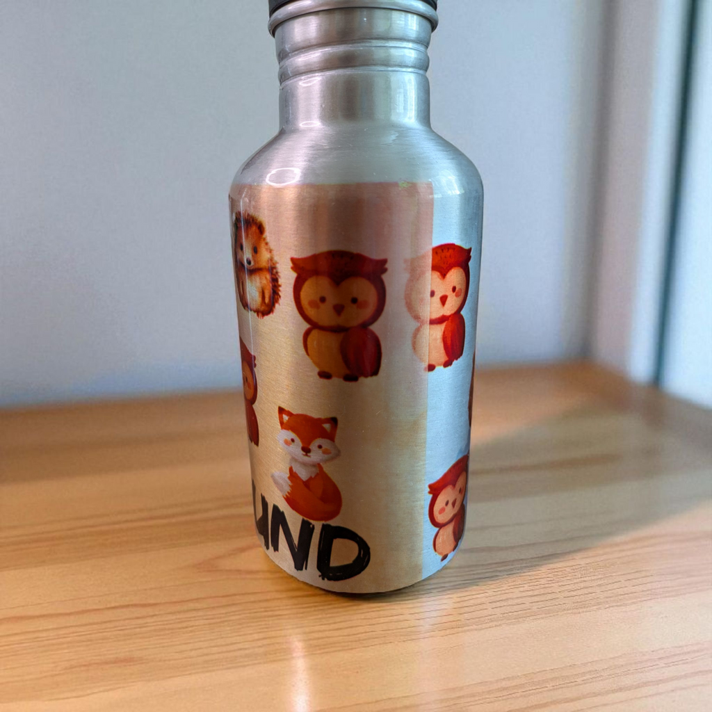 Aluminium-Trinkflasche mit Halm – Waldtier-Design 350 ml