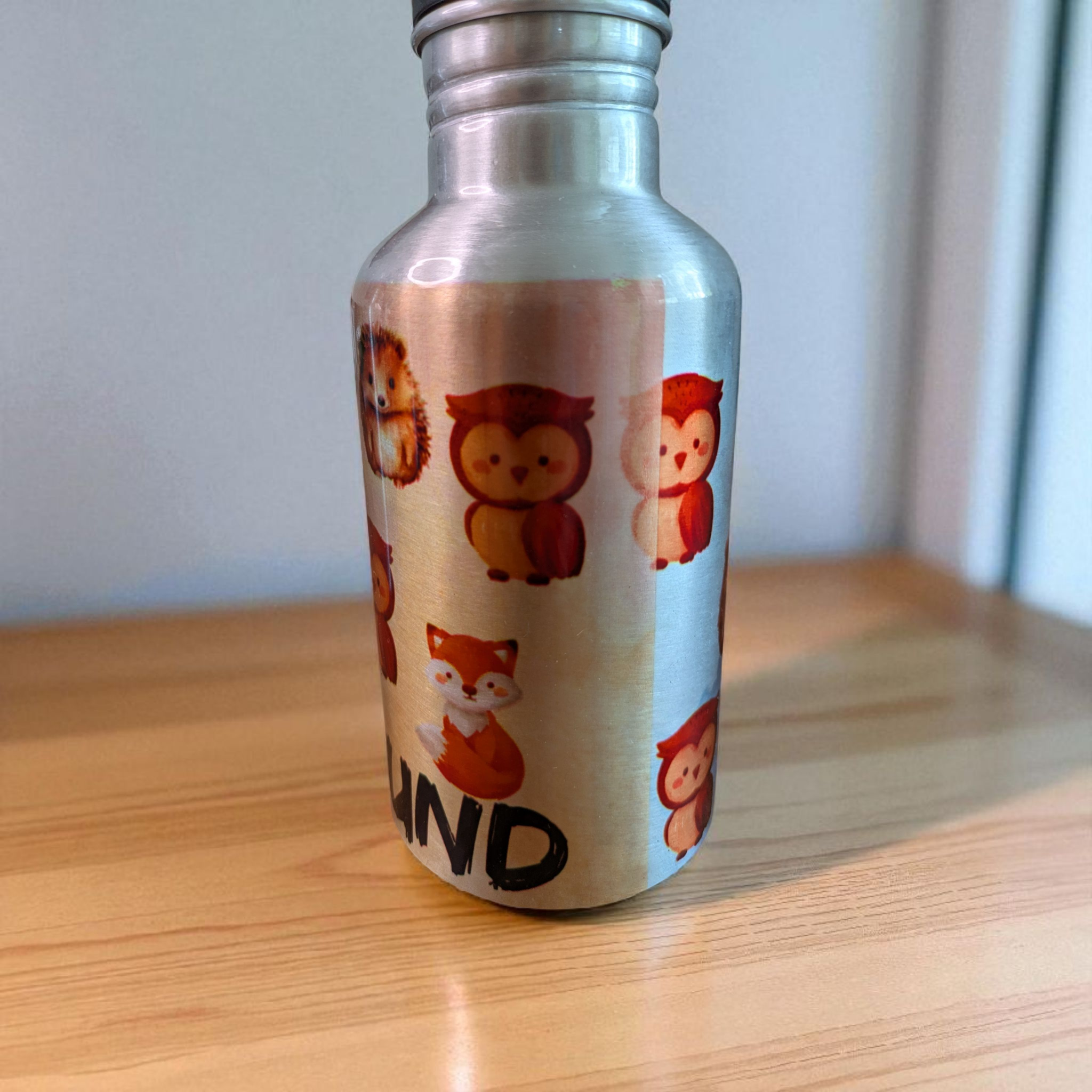 Aluminium-Trinkflasche mit Halm – Waldtier-Design 350 ml