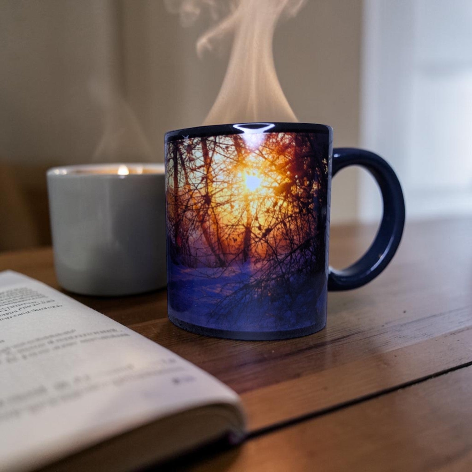 Keramiktasse mit Winterwald Motiv – Stimmungsvoller Sonnenuntergang